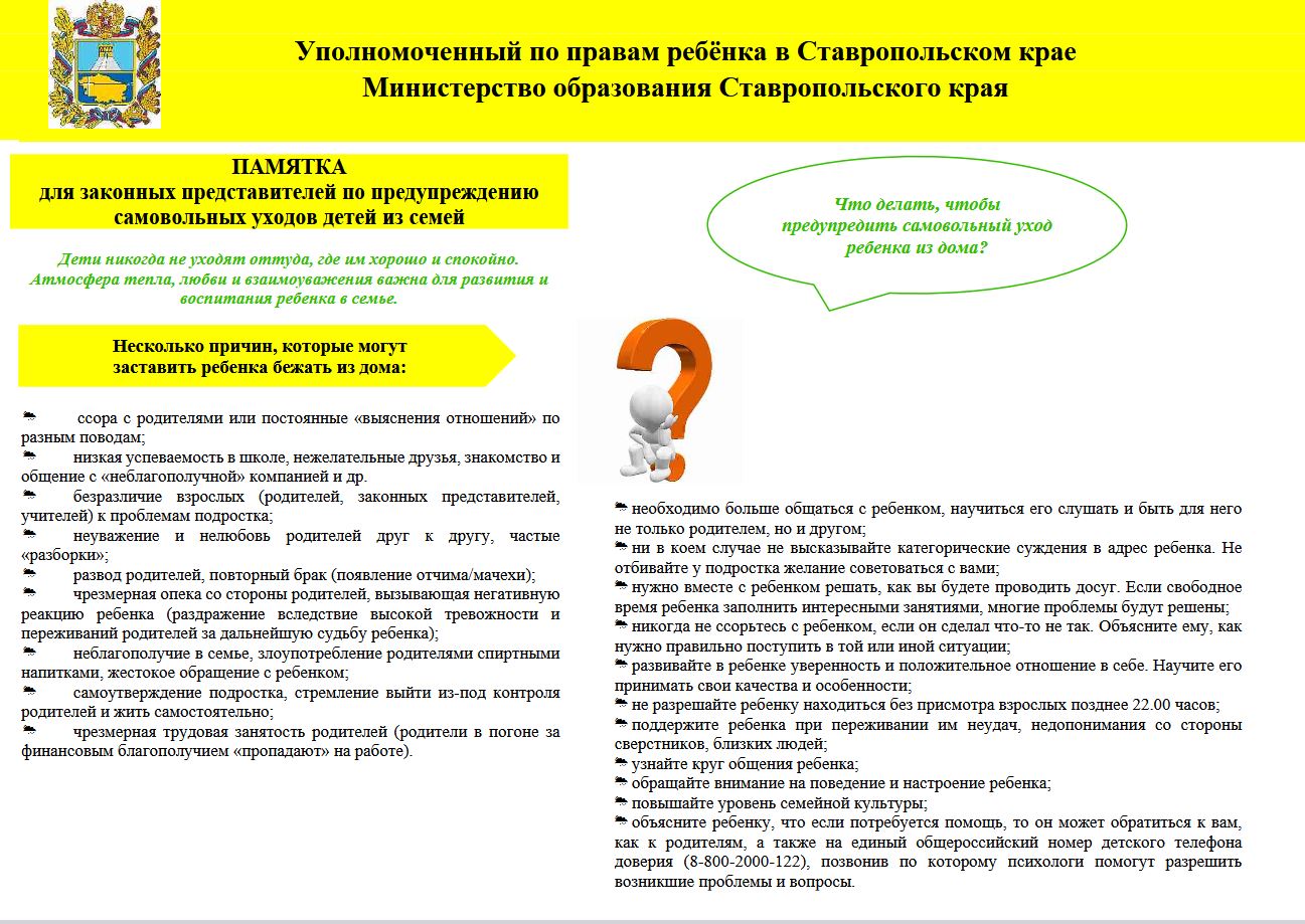 ПАМЯТКА для законных представителей по предупреждению самовольных уходов детей из семей.